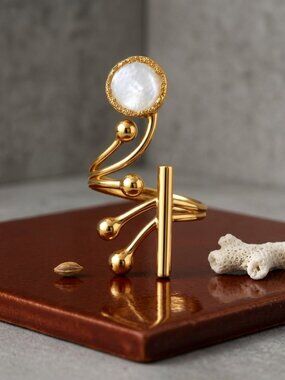 Sculptural Gold Ring Mother of Pearl Turkish Artisan Handmade Adjustable 8-10